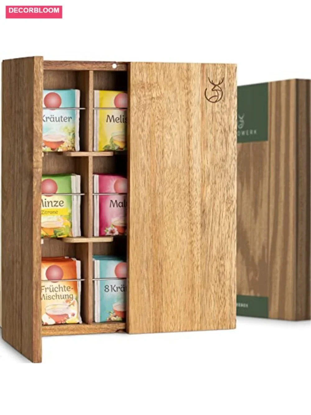 9-Compartment Solid Acacia Wood Tea Organizer Box with Wall Mount